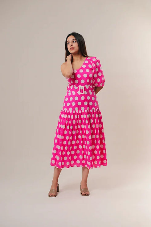 Pink And White Polka Dots Midi Dress